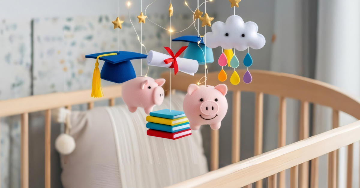 Nursery mobile hanging over a crib, featuring playful elements symbolizing education and savings. The mobile includes plush figures of graduation caps, diplomas tied with red ribbons, smiling piggy banks, stacks of colorful books, and a cloud with colorful raindrops, all suspended by strings adorned with golden stars.