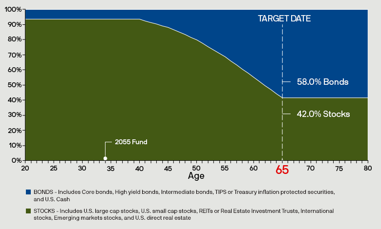 Chart showing the Verizon Target Date Funds asset allocation of stocks and bonds starting from age 20 through age 80. The fund automatically becomes more conservative as you approach your target date.