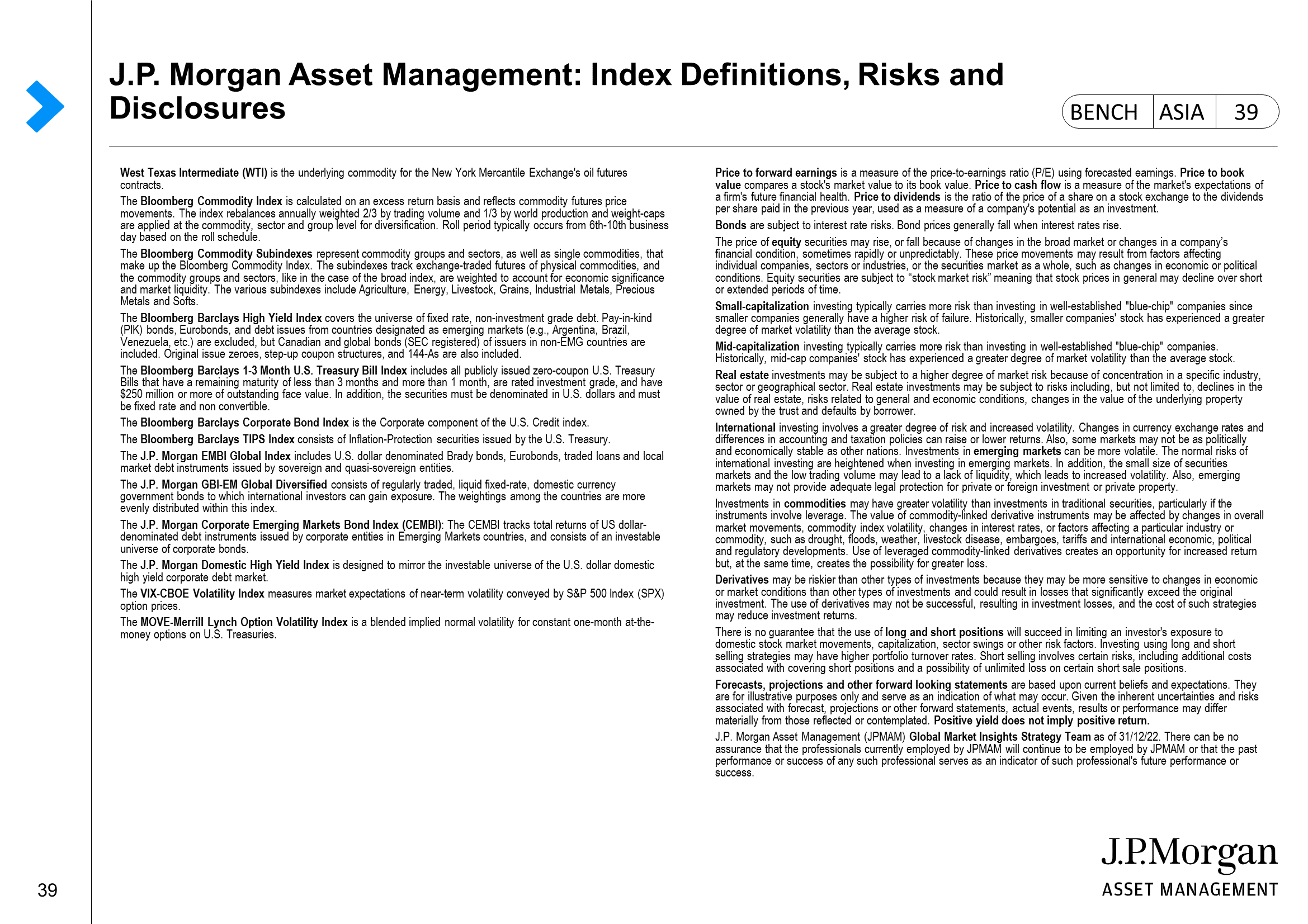J.P. Morgan Asset Management: Index Definitions, Risks and Disclosures