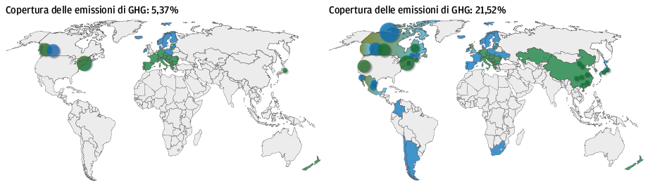 Due mappe del mondo mostrano il numero crescente di paesi e regioni coperti dalla regolamentazione del carbonio, 2010 vs. 2021 con la Cina un nuovo concorrente chiave.