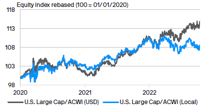 A 2-line chart shows earnings per share of a large cap U.S. stock index since 2020 in dollars vs. local currencies; in 2022 the lines diverge and the dollar line far outperforms.