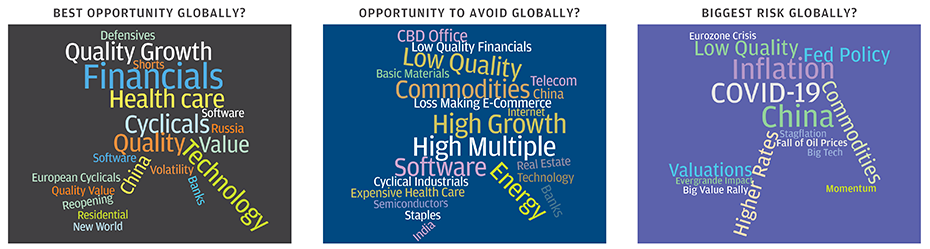 A word cloud shows investors’ views of the best global opportunity, the worst global opportunity and the biggest global risk.