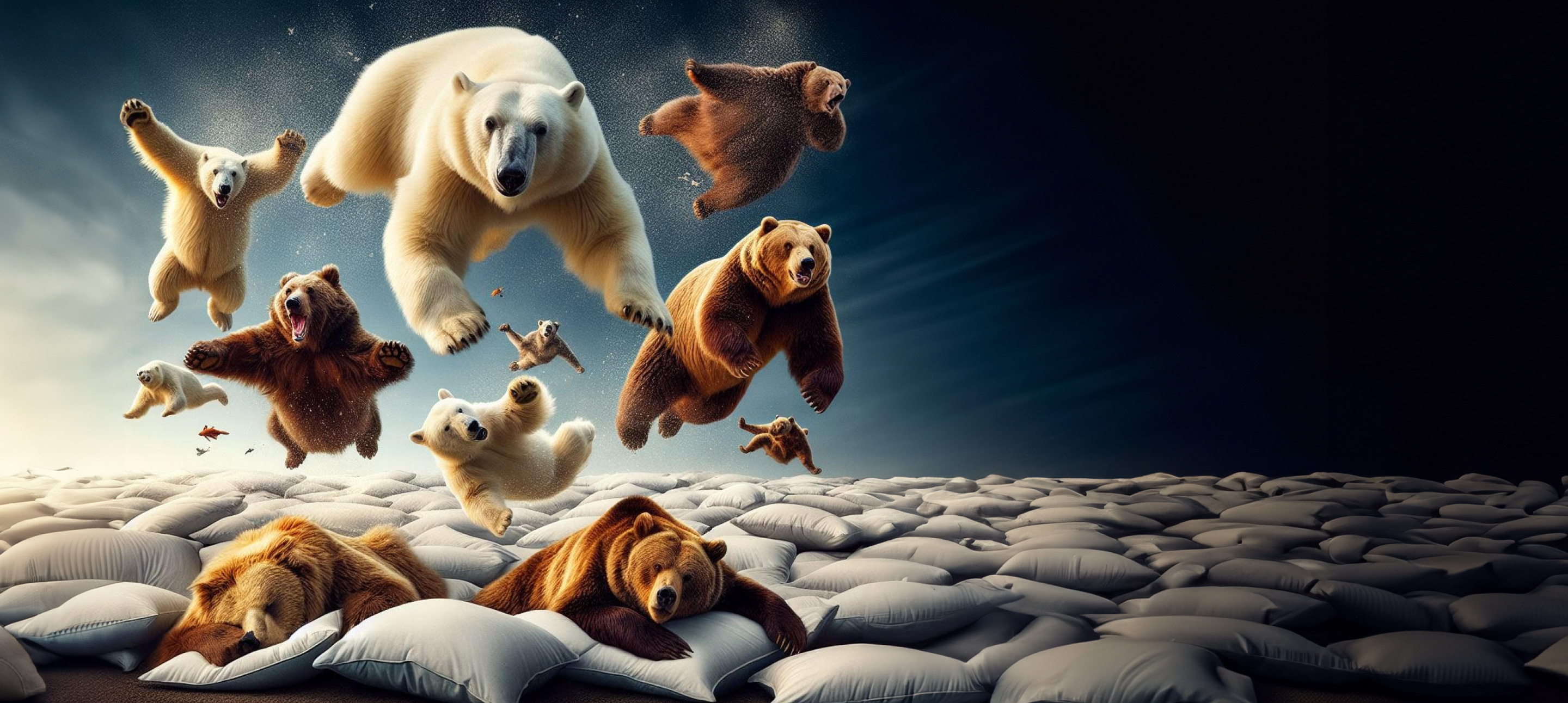 A large number of polar bears and grizzly bears floating through the sky above a large pile of pillows.