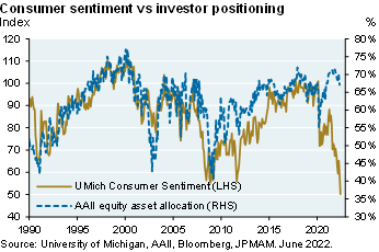 Line chart compares the Michigan Consumer Sentiment Index to AAII equity asset allocation since 1990.  The chart illustrates that although consumer confidence has fallen to its lowest level (50.2) ever, many retail investors are optimistic and still prefer equities.  