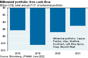 Bar chart shows the total annual free cash flow of various millennial companies from 2018 to 2021. The chart illustrates that since 2018, these companies have had roughly $6 to $10 billion in free cash flow deficits. 